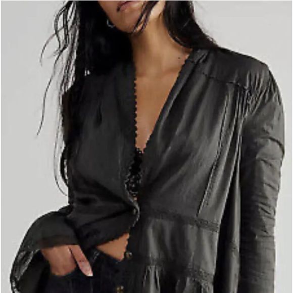 Free People Selma Bed Jacket Tiered Lace Trim Ruffled Cuffs Washed Black